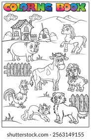 Black and white coloring page featuring various farm animals, a farmhouse, and fences, perfect for children's activities.
