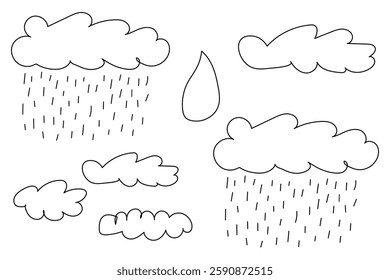 Black and white coloring page featuring various clouds, some with rain, and a large raindrop in a simple doodle style.