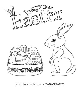 Black and white coloring page featuring a Easter bunny next to a basket filled with ornate Easter eggs and - Happy Easter - text. White rabbit. Ideal for a greeting card and holiday theme.