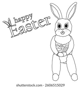 Black and white coloring page featuring a smiles Easter bunny holding decorated Easter eggs and - Happy Easter - text. Perfect for greeting card.