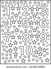 A black and white coloring page featuring the numbers 1 through 10, each surrounded by scattered stars.