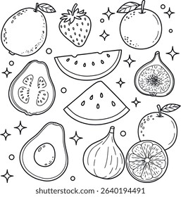 A black and white coloring page featuring a variety of fruits, including a guava, strawberry, orange, fig, watermelon slices, avocado, and grapefruit, adorned with decorative sparkles and circles.
