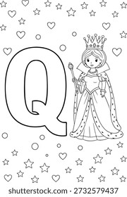 Dibujo para colorear en blanco y negro con una reina de dibujos animados sosteniendo un cetro junto a una Grande letra Q, rodeado de estrellas, corazones y círculos, perfecto para el aprendizaje y la creatividad de los niños.