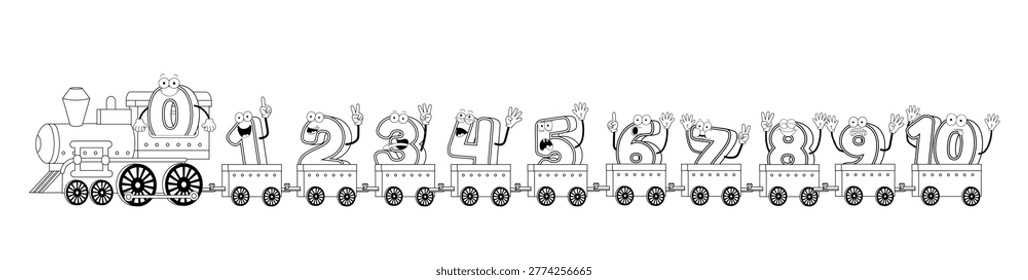 Black and white coloring page featuring a cartoon number train from zero to ten. Fun educational worksheet for kids, perfect for counting practice, coloring activities, and early math learning.