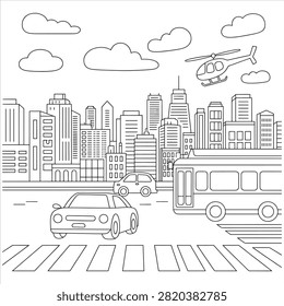 A black and white coloring page featuring a busy city street with cars, a bus, a flying helicopter, and tall skyscrapers under a cloudy sky.