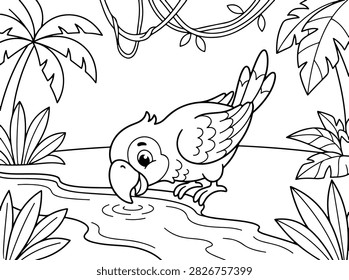 A black and white coloring page featuring a cute parrot drinking water from a stream in a jungle setting with palm trees and vines.