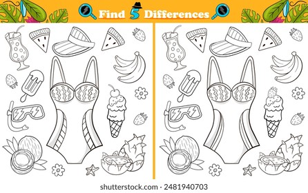 Página para colorear en blanco y negro Encuentra 5 diferencias juego para niños con objetos temáticos de verano, lindo traje de baño de playa, juego imprimible para niños