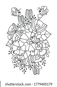 Black and white coloring page with flowers and bees..  Antistress coloring for children and adults hobby.