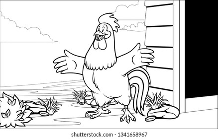 black and white for coloring page with happy rooster in the farm