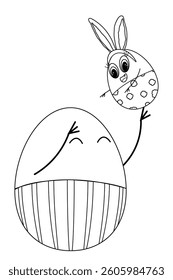 Black and white coloring page of a happy family of two anthropomorphic Easter eggs characters. Father tosses his son in the air wearing an Easter bunny ears costume. Family playing together.