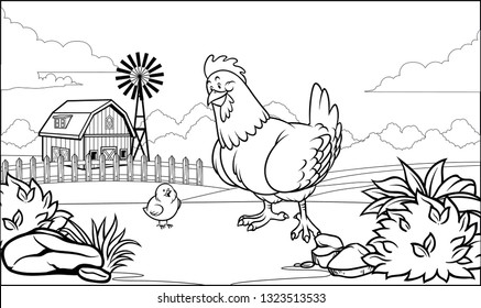 black and white coloring page hen in the farm with her chick