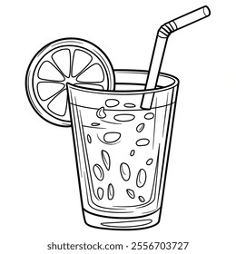 A black and white coloring page illustration of a glass of orange juice with a slice of orange on the rim 