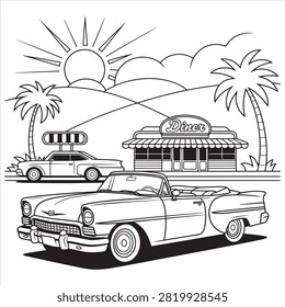 A black and white coloring page illustration featuring a vintage convertible car parked in front of a retro diner, with palm trees and a bright sun overhead.