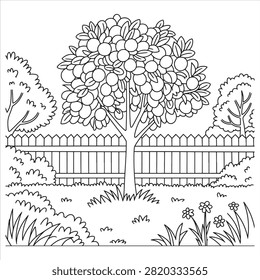 A black and white coloring page illustration featuring a lush fruit tree standing in a garden, complete with a wooden picket fence, bushes, and small flowers in the foreground.