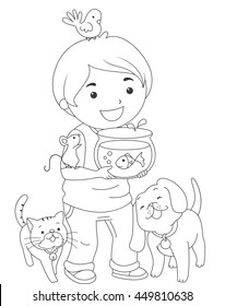 Black and White Coloring Page Illustration of a Boy Carrying Pets
