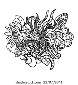 black and white coloring page with imaginary plants and objects. anti-stress coloring page
