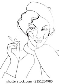 Black and white coloring page for independent creativity. Leisure and hobbies. Fashionable illustration with the image of a fashionable girl of the 30s of the 20th century. 