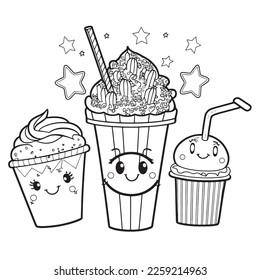 Black   White coloring page for kids  line art  simple cartoon style  happy cute   funny fast food