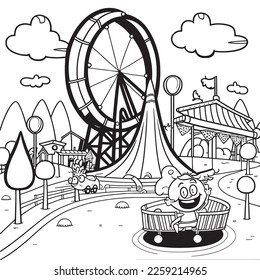 Black and White coloring page for kids, line art, simple cartoon style, happy theme park