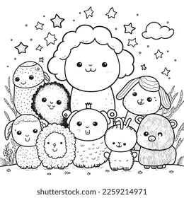 black and white coloring page for kids, line art, simple cartoon style, happy cute and funny animal