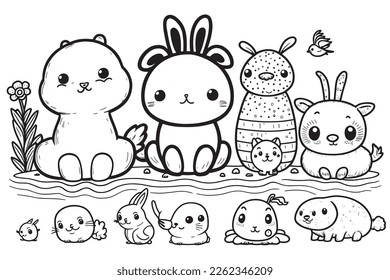 black and white coloring page for kids, line art, simple cartoon style, happy cute and funny animal
