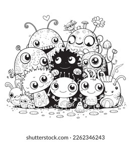 Black and White coloring page for kids, line art, simple cartoon style, happy cute and funny Monster