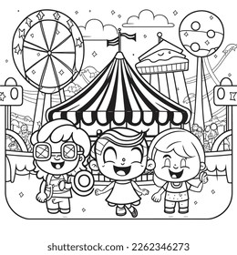 Black and White coloring page for kids, line art, simple cartoon style, happy theme park