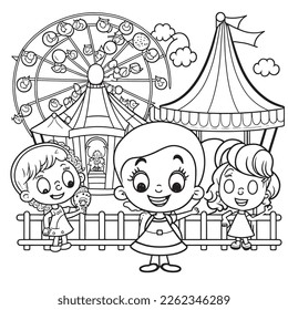 Black and White coloring page for kids, line art, simple cartoon style, happy theme park