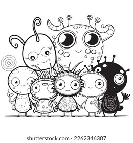 Black and White coloring page for kids, line art, simple cartoon style, happy cute and funny Monster