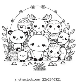 black and white coloring page for kids, line art, simple cartoon style, happy cute and funny animal