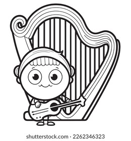 Black and White coloring page for kids, line art, simple cartoon style, happy cute and funny Music