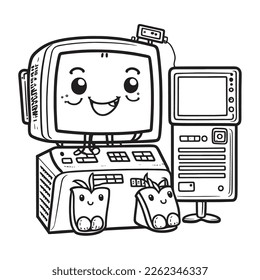 Black and White coloring page for kids, line art, simple cartoon style, happy cute and funny Computer