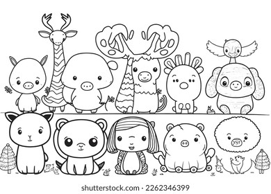 black and white coloring page for kids, line art, simple cartoon style, happy cute and funny animal