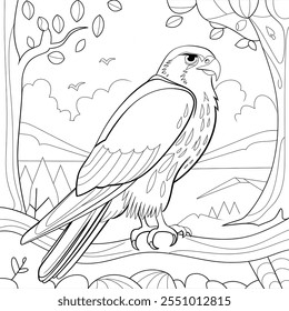 A black and white coloring page line art of a bird falcon 