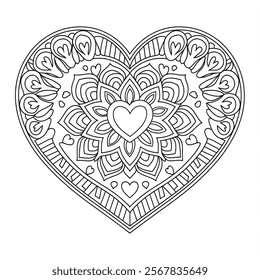 A black and white coloring page of a love heart mandala 