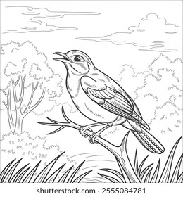  A black and white coloring page of a nature scene with a bird just before it flies