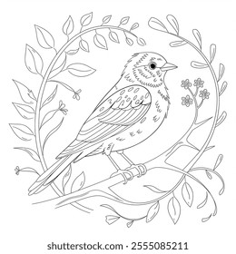 A black and white coloring page of a nature scene with a bird just before it flies