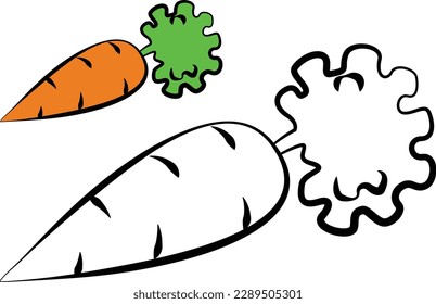 black and white coloring page, orange carrot with green leaf illustration