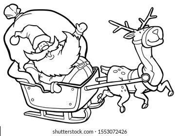 Black And White Coloring Page Outline Of A Reindeer Flying Santa's Sleigh