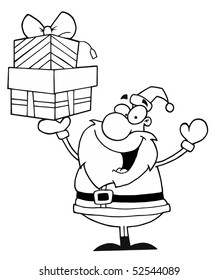 Black And White Coloring Page Outline Of Santa Holding Up Gifts