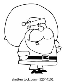 Black And White Coloring Page Outline Of A Santa With A Toy Sack