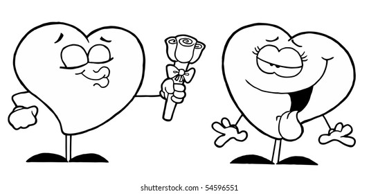 Black And White Coloring Page Outline Of A Male Heart Giving His Love A Rose