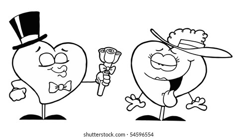Black And White Coloring Page Outline Of A Male Heart Giving His Girl A Rose
