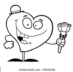 Black And White Coloring Page Outline Of A Sweet Heart Giving Roses