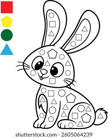 Black and white coloring page of a rabbit covered in geometric shapes