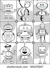 Black and White coloring page with Robots