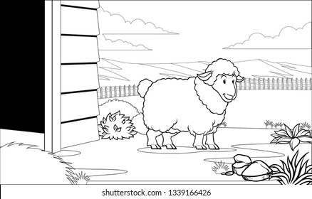 black and white coloring page sheep in the barn