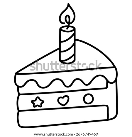 Black and white coloring page with slice of birthday cake and candle, simple line drawing illustration for children activities and design