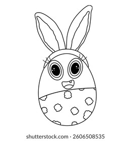 Black and white coloring page with a smiling anthropomorphic baby Easter egg wearing pants with clouds and Easter bunny ears on his head. Great for kids activities.