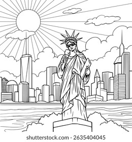 Black and white coloring page of the Statue of Liberty enjoying summer with ice cream, designed for kids and adults.